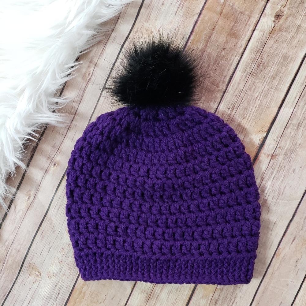 Crochet Grape Beanie with Faux Fur Pom Pom, Hats